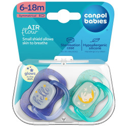 CANPOL 34/943 Smoczek uspokajający silikonowy 6-18m symetryczny NightGlow  2 szt  niebieski