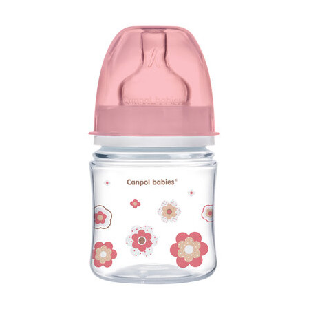 CANPOL 35/216 Butelka szerokootworowa antykolkowa Easystart Newborn Baby 120 ml różowe kwiaty