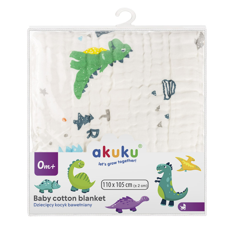 AKUKU A0685 Kocyk / otulacz / ręcznik muślinowy 110x105 cm Dinozaury