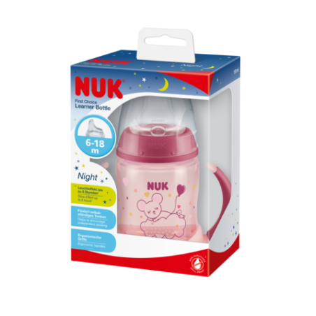NUK ZE-102 Zestaw FC Butelka 150ml z uchwytami NIGHT różowa+ustnik silikonowy niekapek gratis