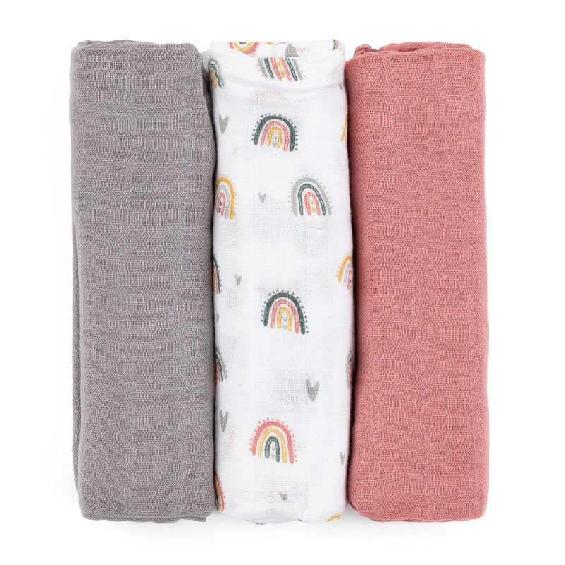 PETITE&MARS 415362 Zestaw pieluszek z muślinu bambusowego 3 szt 68x68 cm Rose Rainbows