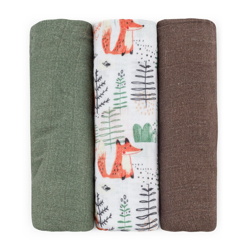 PETITE&MARS 415366 Zestaw pieluszek z muślinu bambusowego 3 szt 68x68 cm Forest Fox