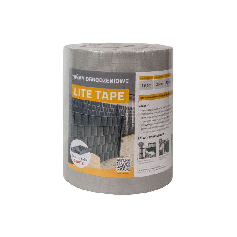 Taśma ogrodzeniowa SZARA 19cm x 35mb LITE PVC 450g/m2 + 20 klipsów GRATIS