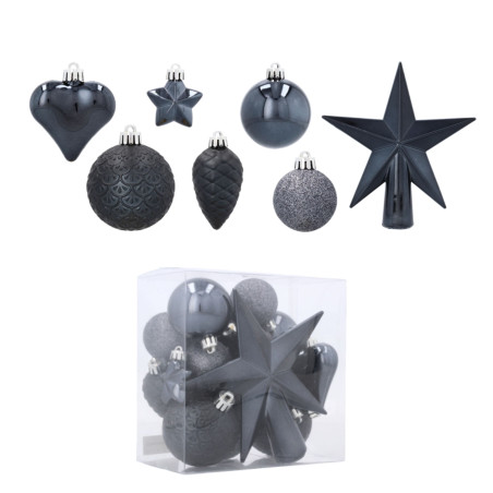 Komplet 19 Bombek Choinkowych Kamai Christmas Decoration® - Kolor Antracyt z Gwiazdą na Czubek