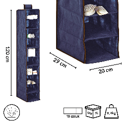 BLUE niebieski wiszący organizer do szafy 10 przegród 20x29x120 cm