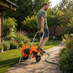 Wózek na wąż ogrodowy, metalowy stelaż, plastikowy bęben, na kołach, rączka teleskopowa 57,5-95 cm, 50 m węża 1/2 cala
