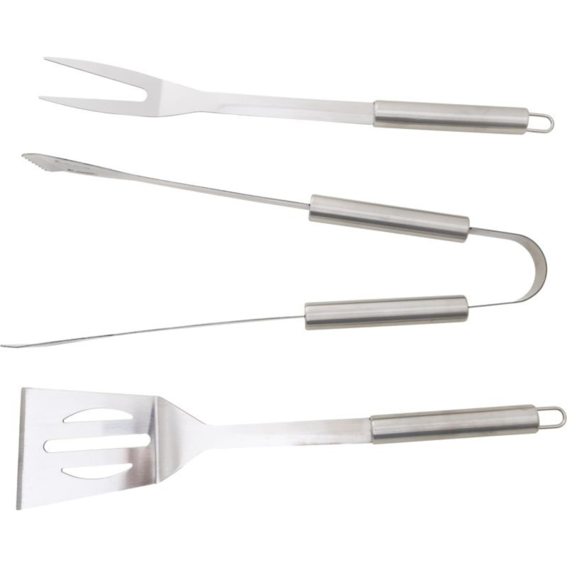 Zestaw przyborów do grillowania, 3-częściowy, stal nierdzewna, srebrny, łopatka, szczypce, widelec